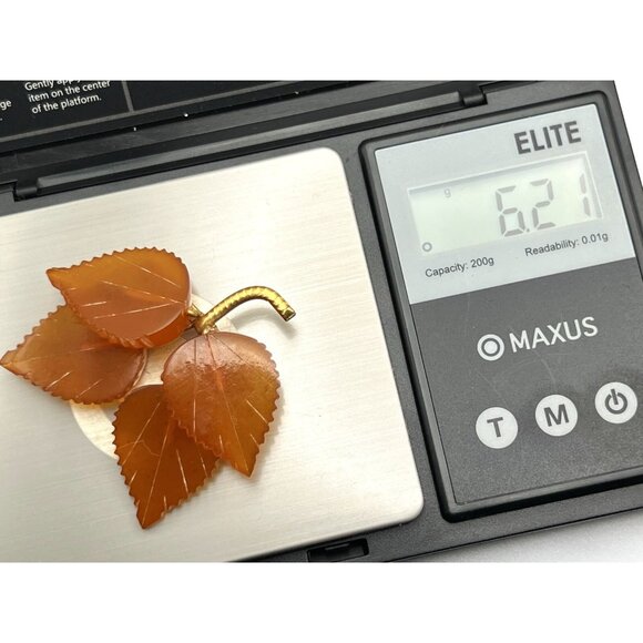 Vintage Amber 4 Leaf Brooch Russia Hallmark 6.21 Grams. - Picture 7 of 8